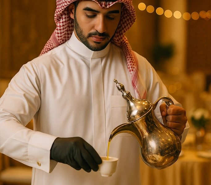 فريق ضيافة يقدم قهوة عربية ومشروبات ومقبلات بشكل راقٍ على الطاولات